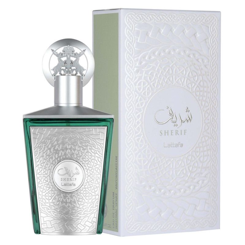 Lattafa Sherif Eau De Parfum Unissex 100ml Frasco de perfume verde com tampa prateada e caixa branca com texto SHERIF Lattafa.