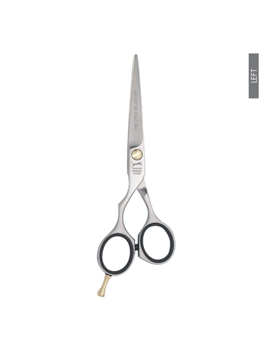 Jaguar Tesoura Relax Left Pre Style Tesoura de corte em aço inoxidável com pegadores pretos e detalhes dourados, em fundo branco