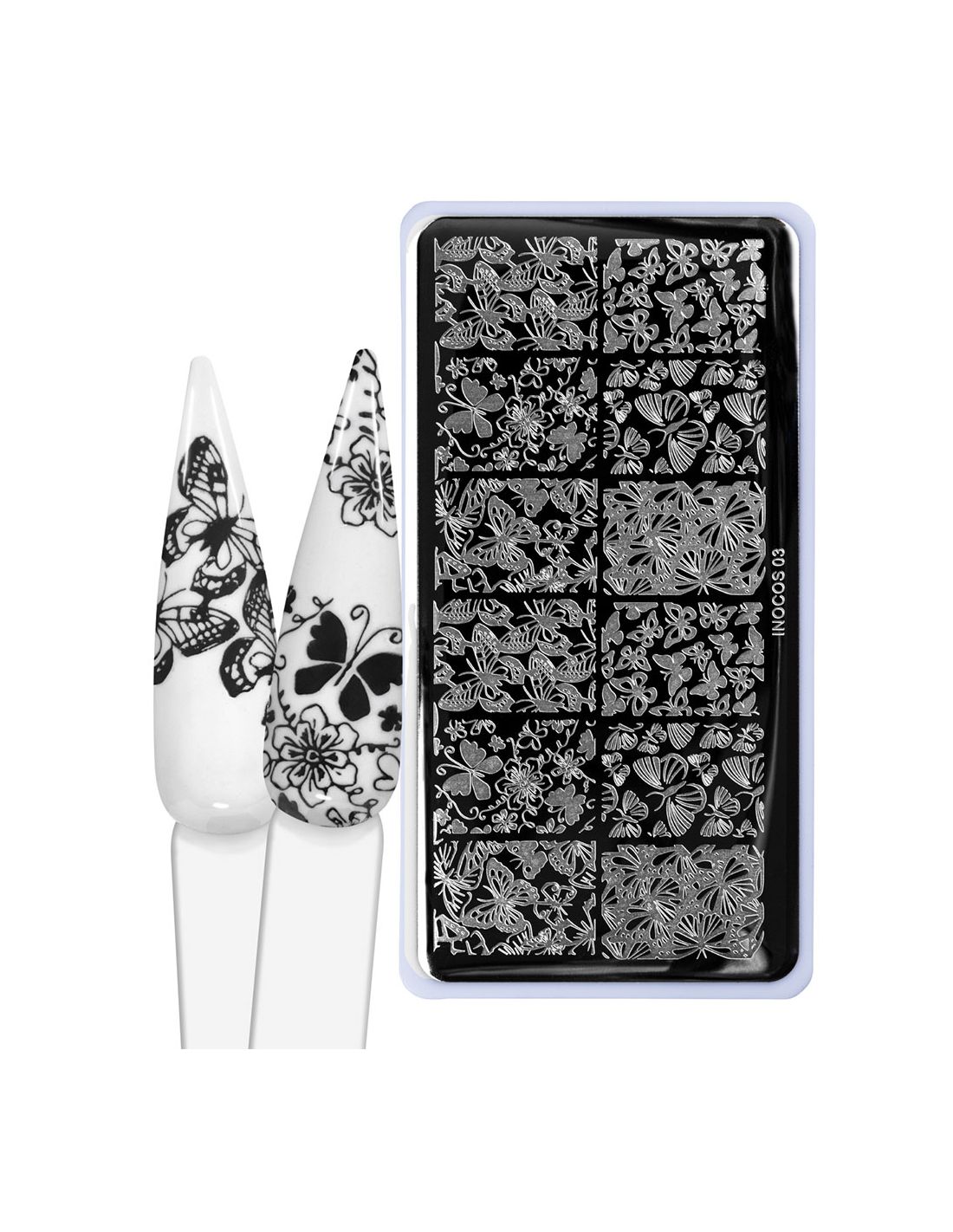 INOCOS Placa de Carimbos 03 Borboleta Placa de carimbos de unhas preta com desenhos brancos e bocais para aplicação brancos com padrões pretos