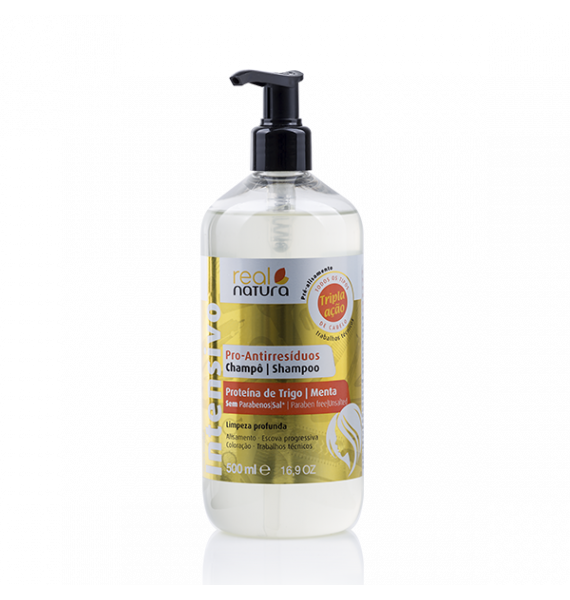 Real Natura Shampoo Anti Residuos 500ml Frasco de champô Real Natura Pro-Antirresíduos, 500 ml com tampa doseadora preta