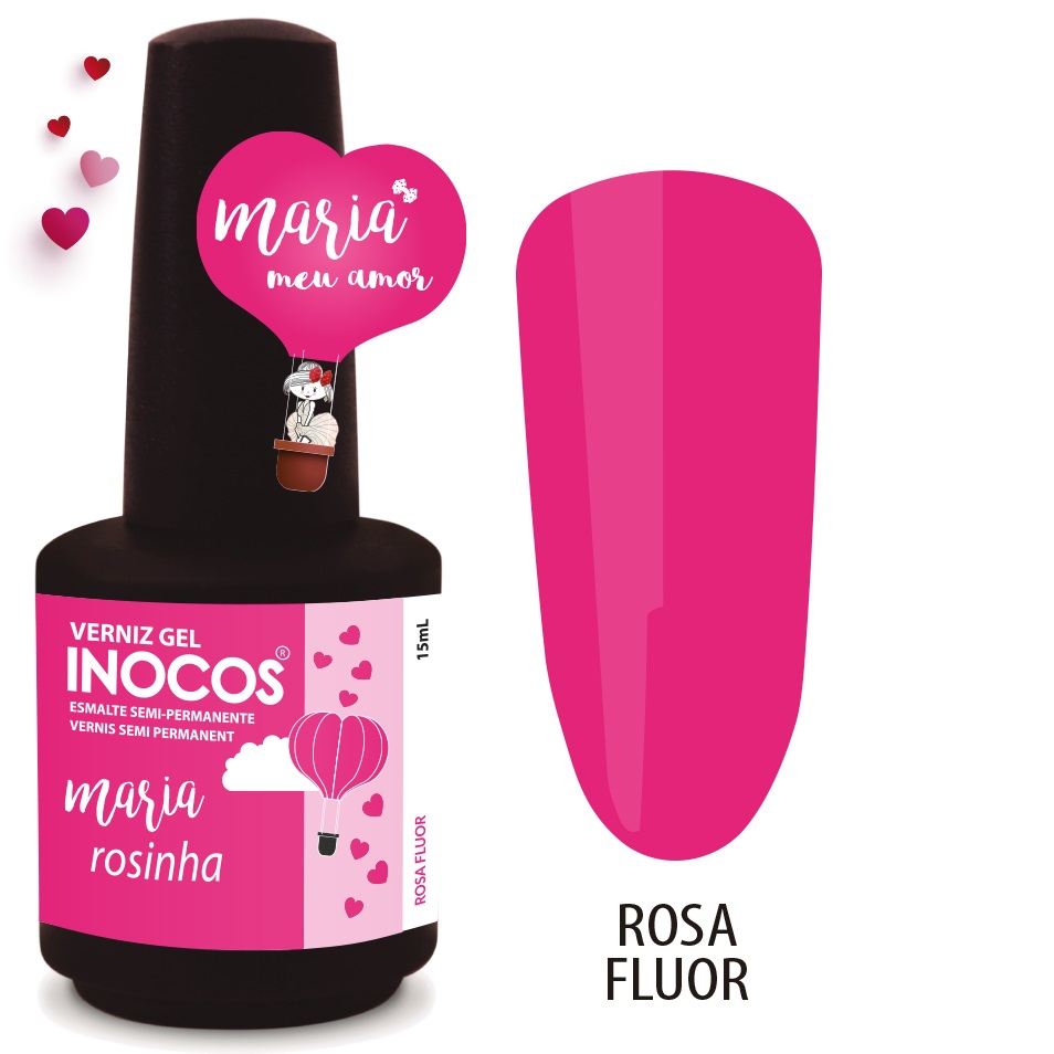 INOCOS VERNIZ GEL MARIA MEU AMOR, ROSINHA 15ML Verniz gel rosa fluor Inocos com embalagem preta e etiqueta rosa e branca