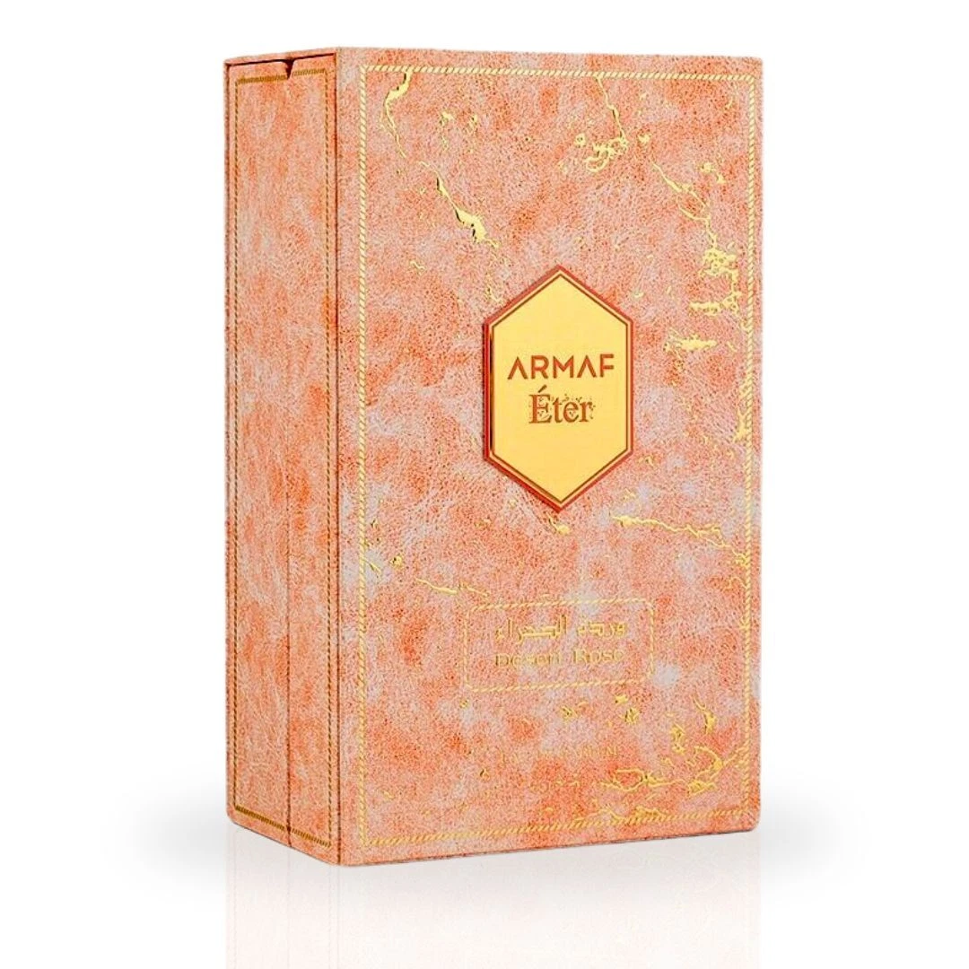 Armaf Eter Desert Rose Eau De Parfum 100 ml Caixa rosa com padrões dourados para perfume chamada ARMAF Éter