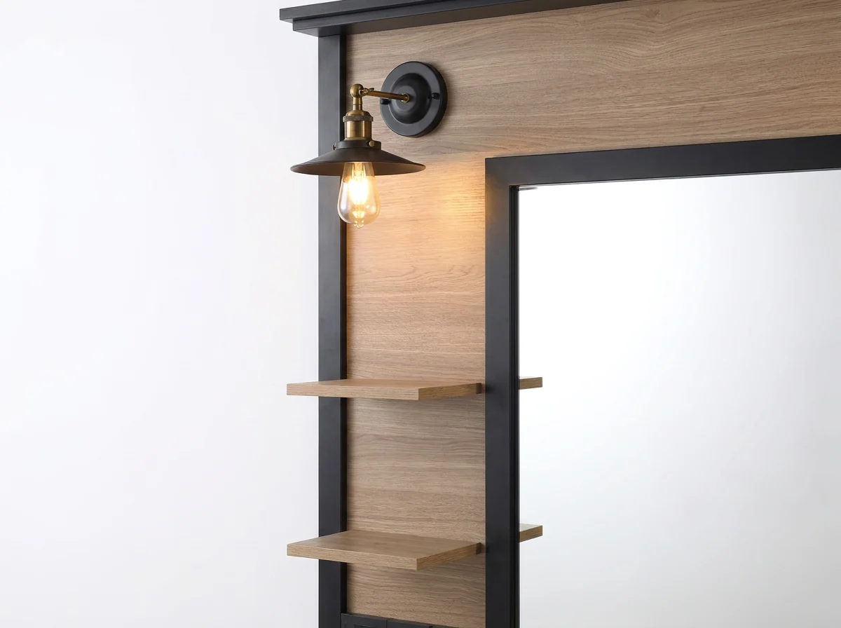 BANCADA BARBEARIA FOLK OAK Espelho com moldura preta, prateleiras de madeira e luminária de parede com lâmpada