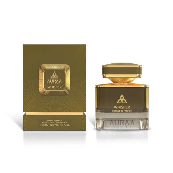 Auraa Desire Whisper Extrait De Parfum Spray 100ml Frasco de perfume dourado com caixa da AURAA DESIGN Whisper