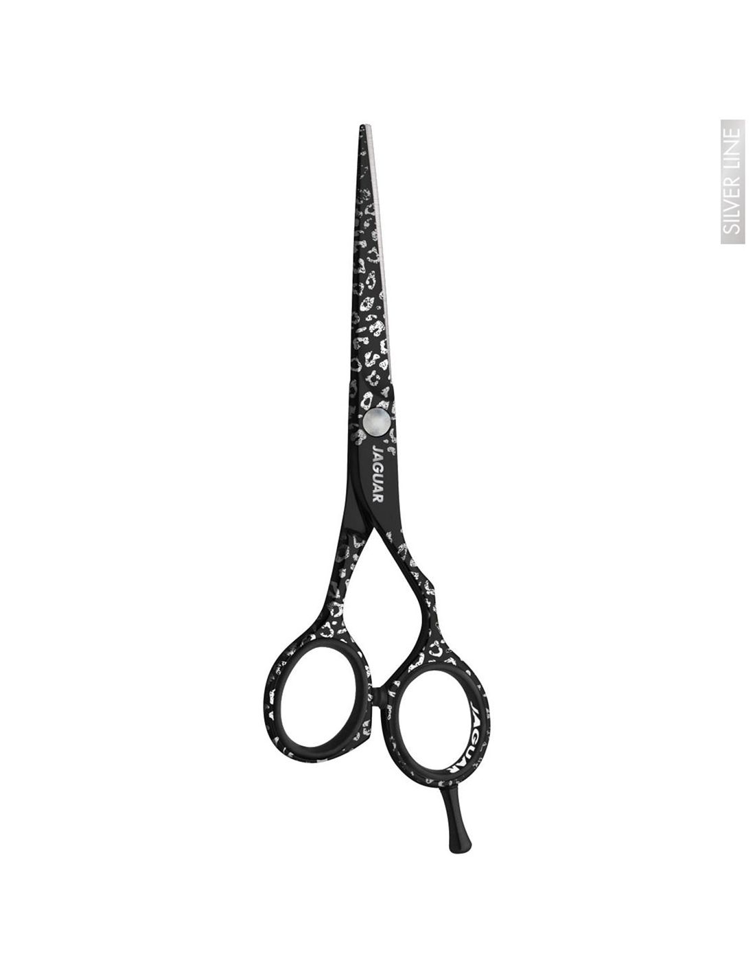 Jaguar Tesoura Wild Temptation - Silver Line Tesoura preta com padrão branco estilo leopardo e texto JAGUAR