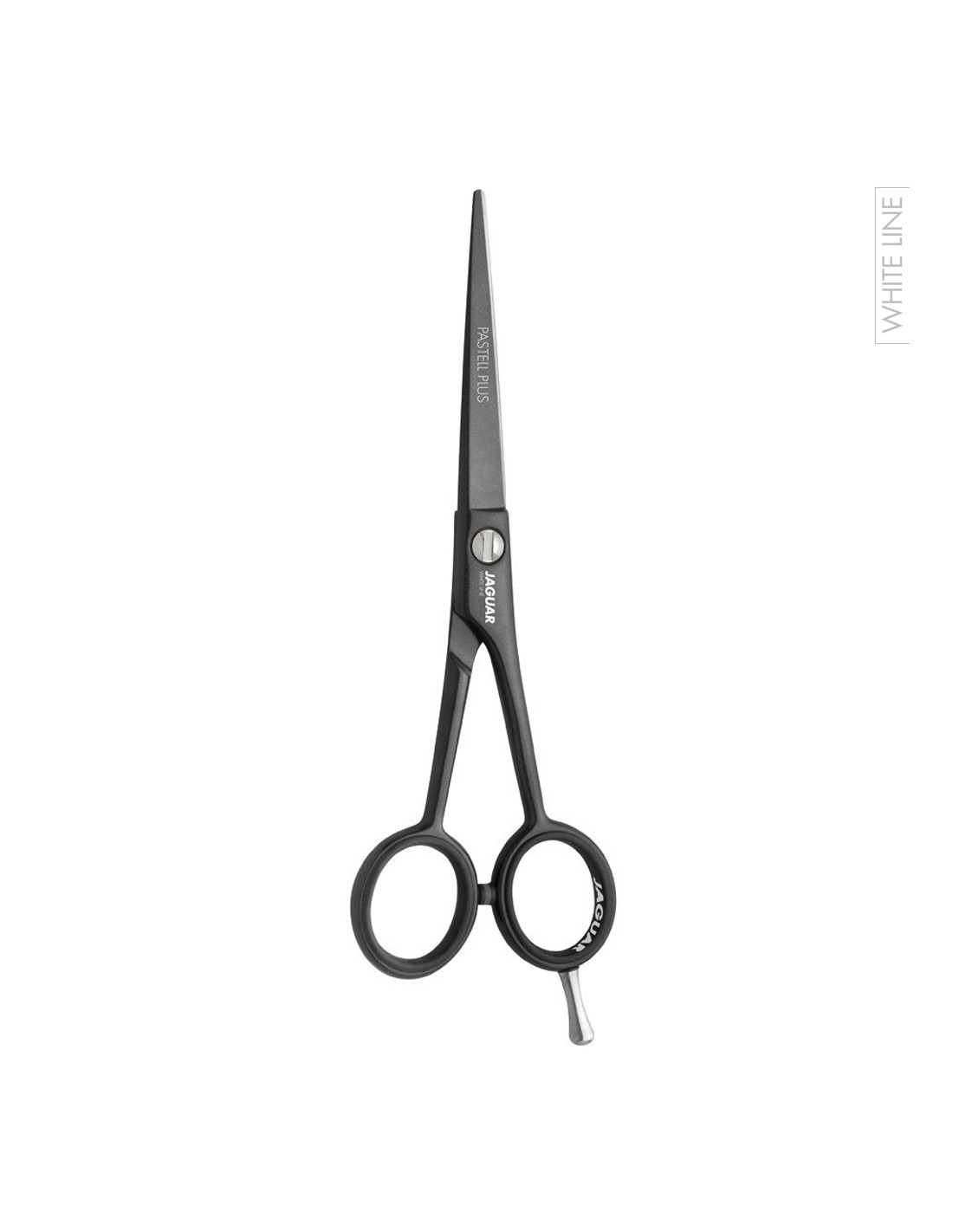 Jaguar Tesoura Pastell Plus Offset Lava - White Line Tesoura preta para cabelo com acabamento fosco e texto impresso