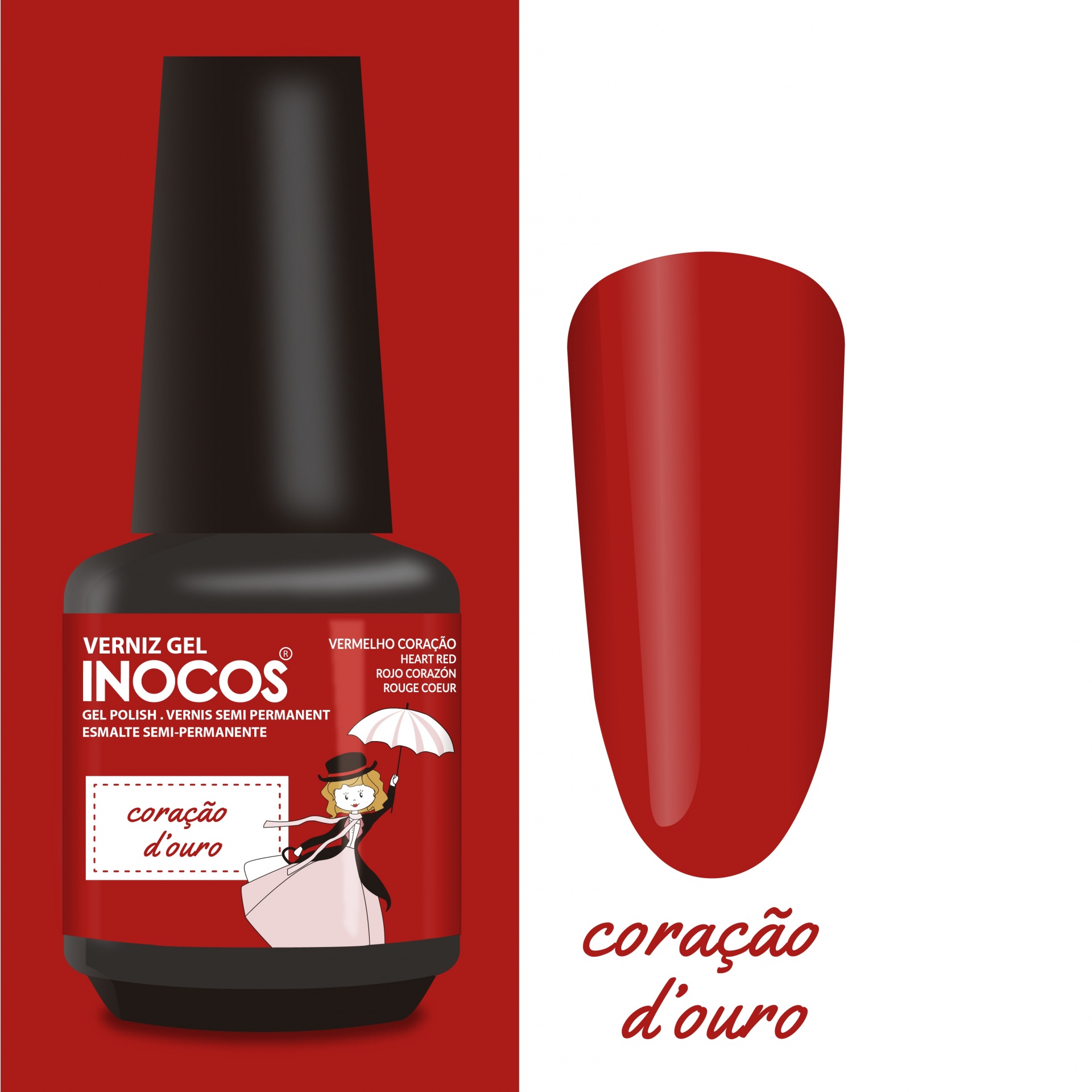 INOCOS VERNIZ GEL CORAÇÃO D´ OURO 15ML Verniz gel INOCOS vermelho coração com amostra de cor e texto coração d'ouro