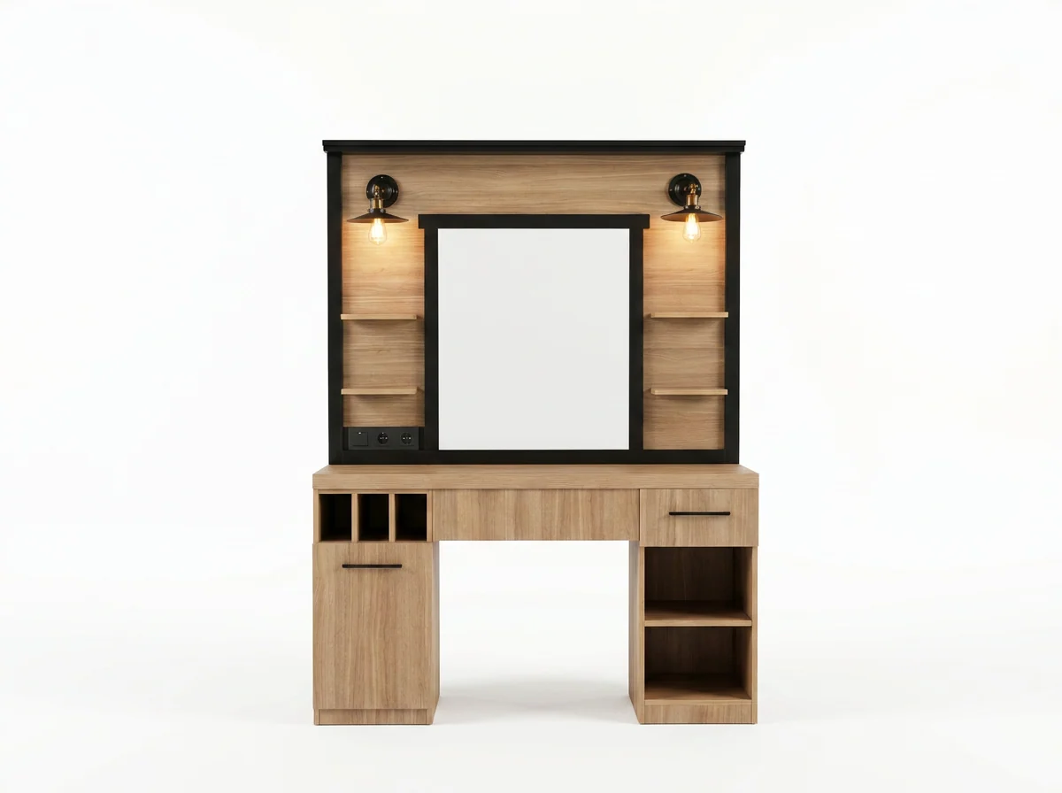 BANCADA BARBEARIA FOLK OAK Móvel em madeira clara com espelho central e iluminação