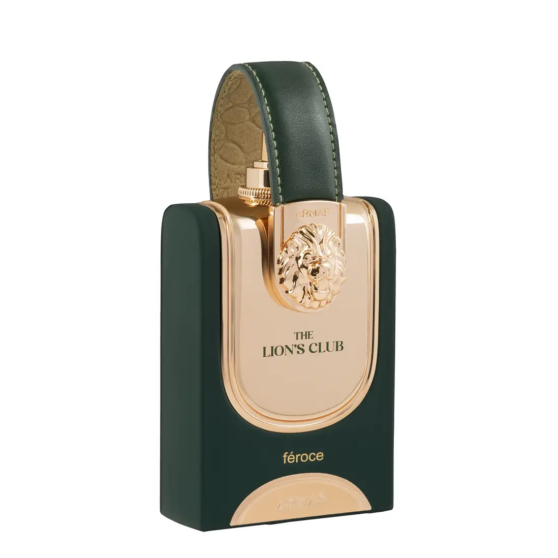 Armaf The Lions Club Feroce Eau de Parfume 100ml Frasco de perfume verde escuro com detalhes dourados e alça de couro verde escuro