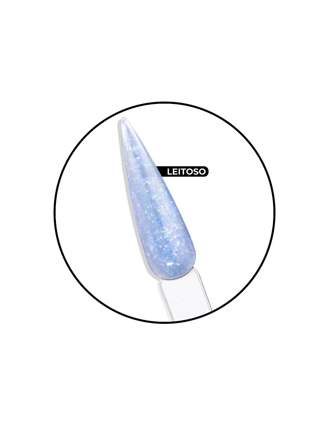 Polyacrygel Holo Azul Arco-íris Bisnaga 60g - Inocos Verniz azul brilhante em unha artificial com etiqueta 'LEITOSO'.