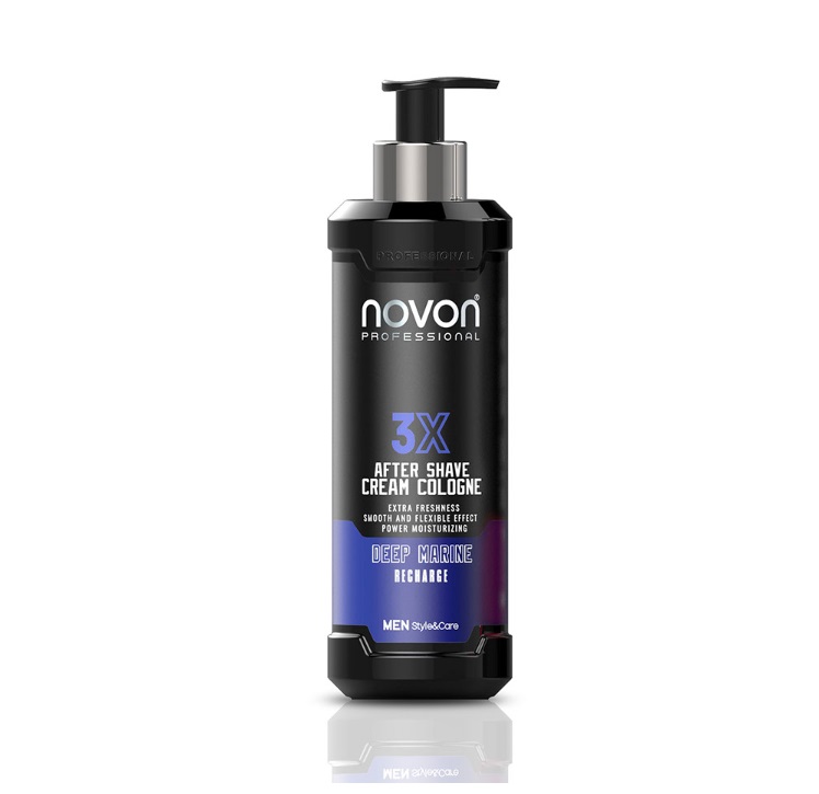 Novon Professional After Shave Deep Marine 400ml Frasco preto com creme pós-barba Novon Professional com doseador.