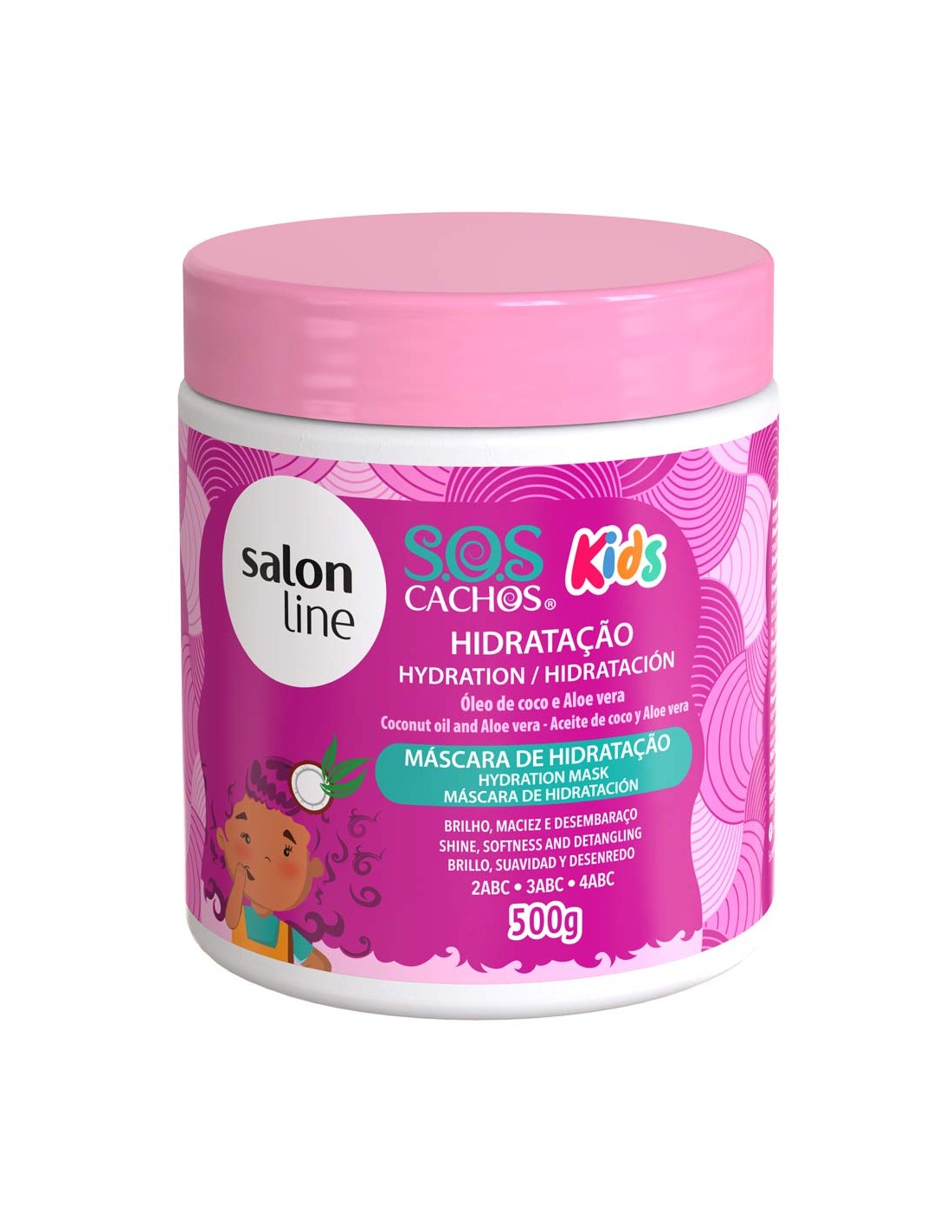 Máscara Kids Hidratação SOS Cachos 500 ml- Salon Line Máscara de hidratação SOS Cachos Kids da Salon Line em embalagem rosa e lilás com tampa rosa