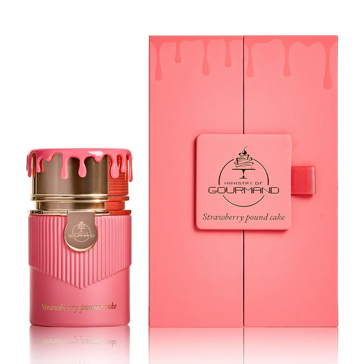 Strawberry Pound Cake eau de parfum para mulheres 100ml Embalagem de perfume rosa com tampa dourada e caixa rosa com etiqueta preta