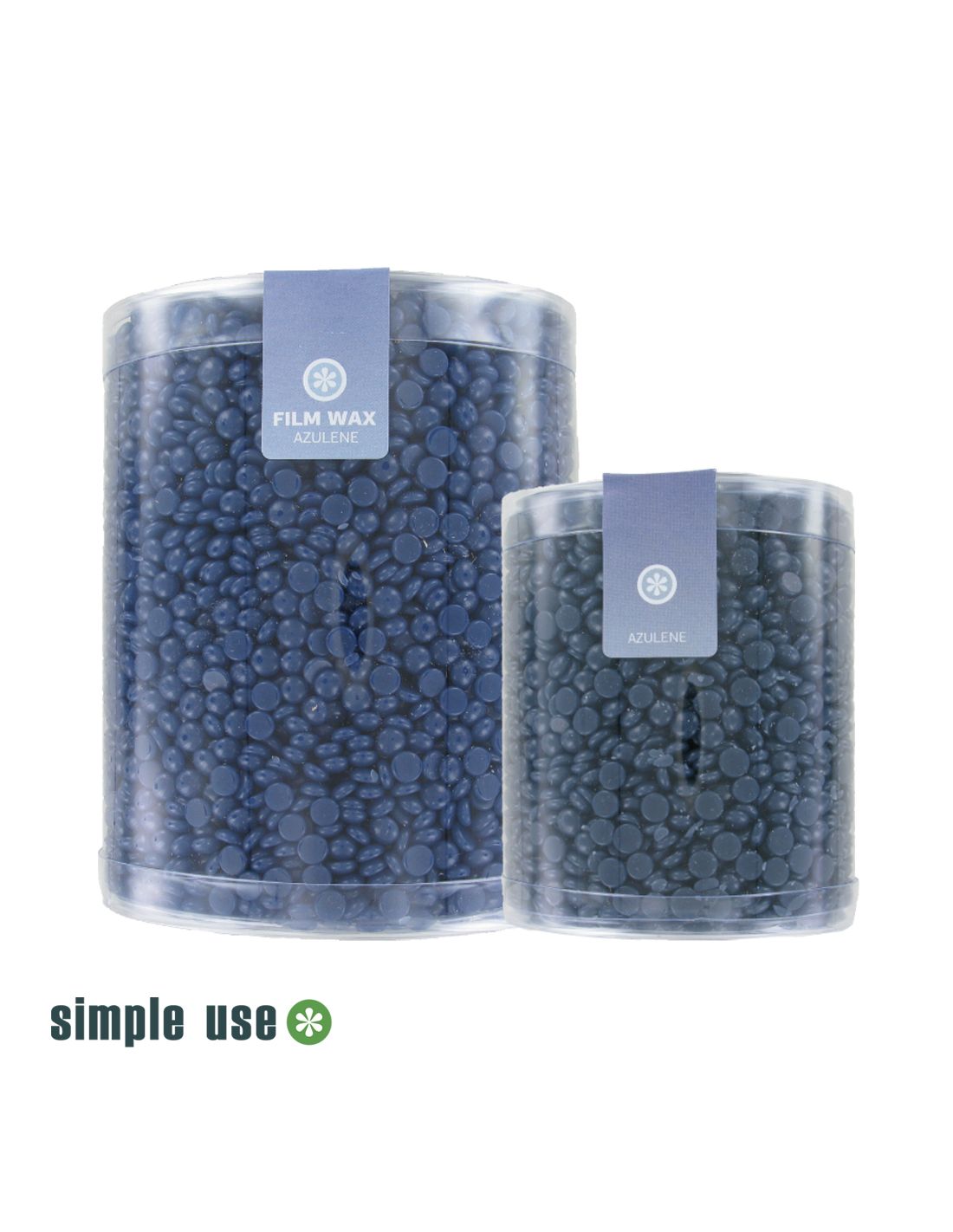 Cera Depilatória Granulada 500gr - Azuleno - Simple Use recipientes transparentes com pastilhas azuis e etiquetas cinzentas