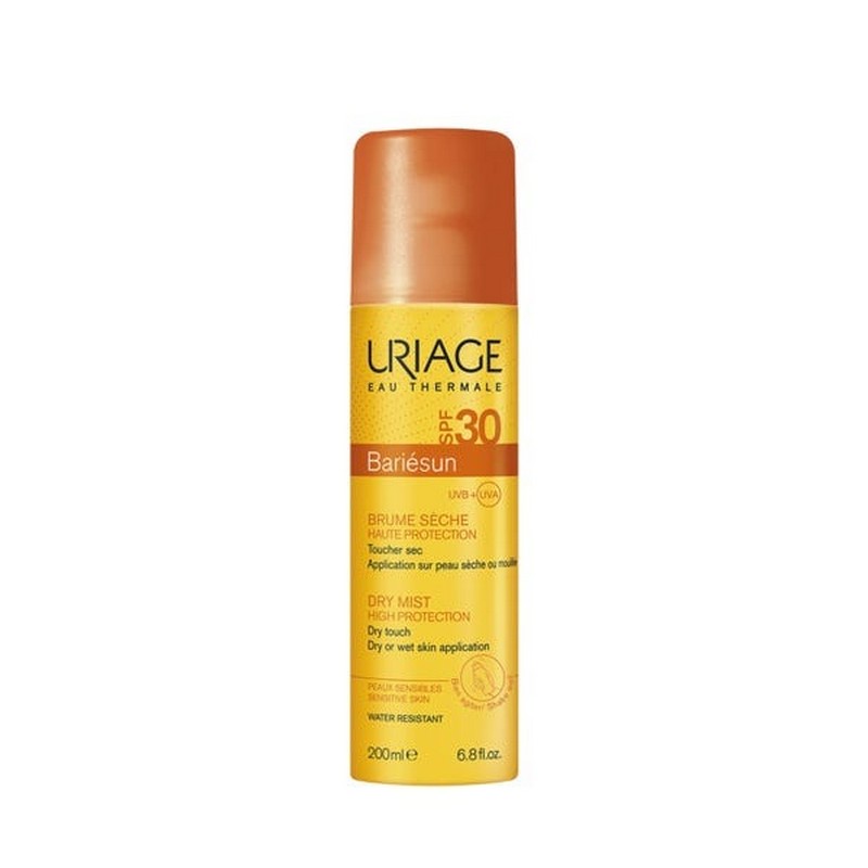 Protetor Solar Uriage Bariésun Bruma SPF30 200ml Frasco amarelo de proteção solar em spray Uriage Bariésun SPF 30