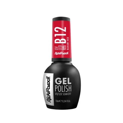 Verniz Gel RickiParodi Neon Dreams B12 Radiant Red 10ml Frasco de verniz gel preto com tampa vermelha e texto branco