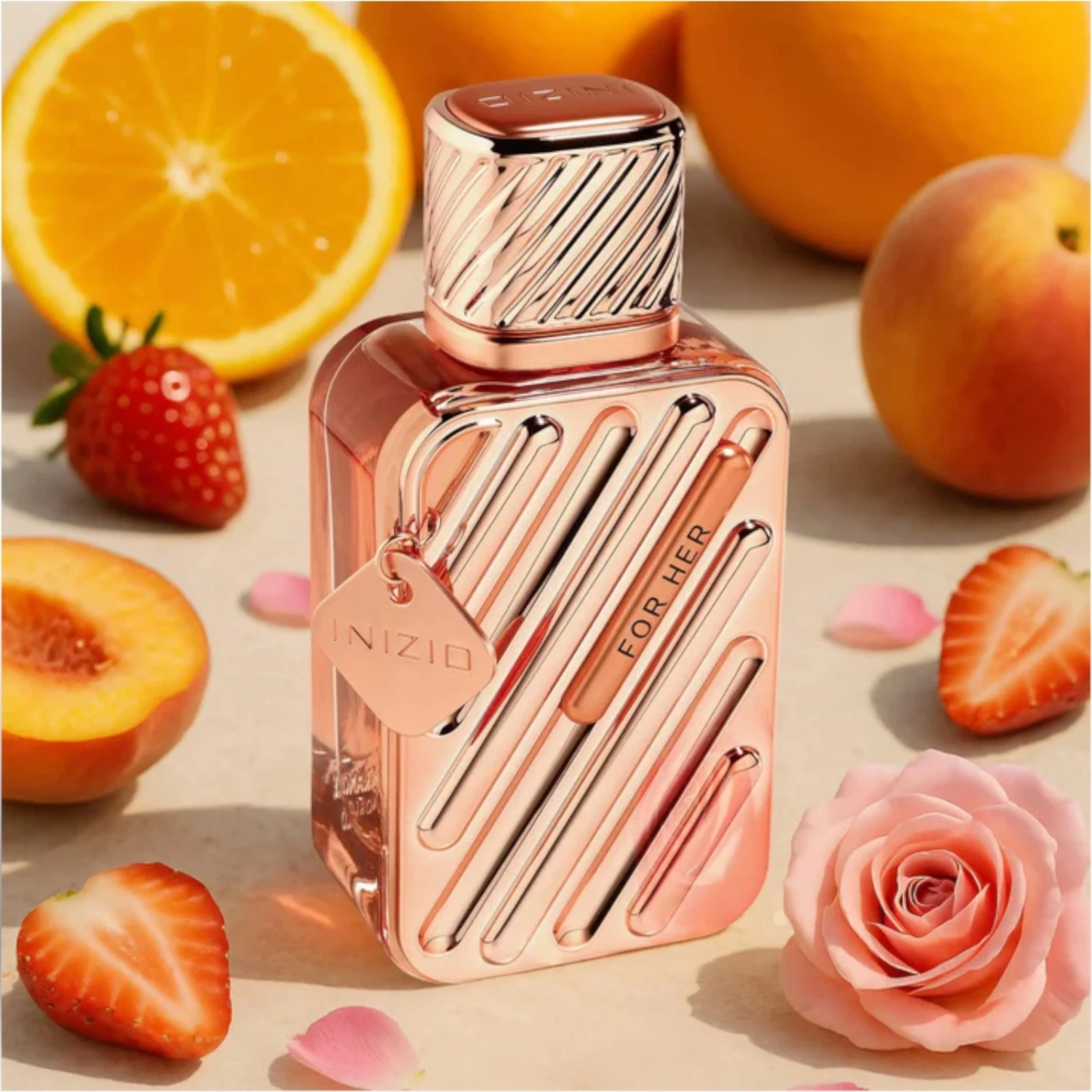 Inzio For Her Perfume 100ml EDP Fragrance World Frasco de perfume metálico cor de rosa com texto INIZIO e FOR HER e frutas ao redor