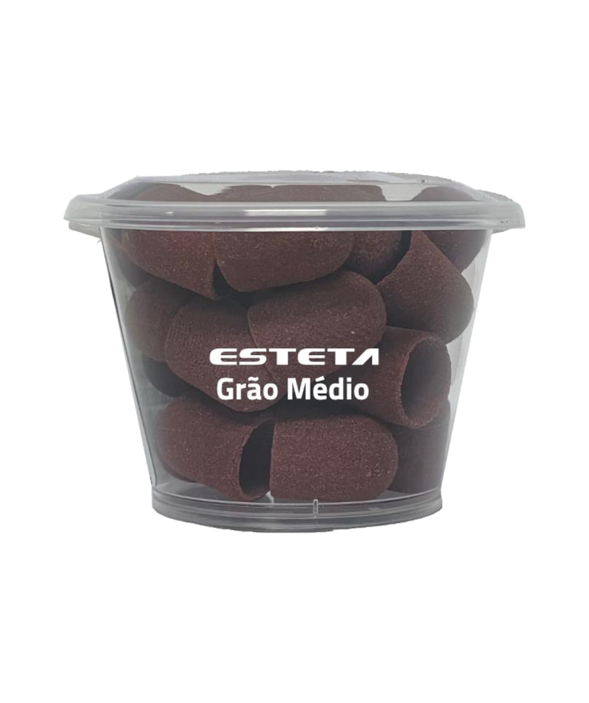 Capa Dedal Pedicure p/ Mandril 13 mm Grão Médio 50 unidades Pote transparente com pontas de lixa castanhas escuras com texto ESTETA Grão Médio