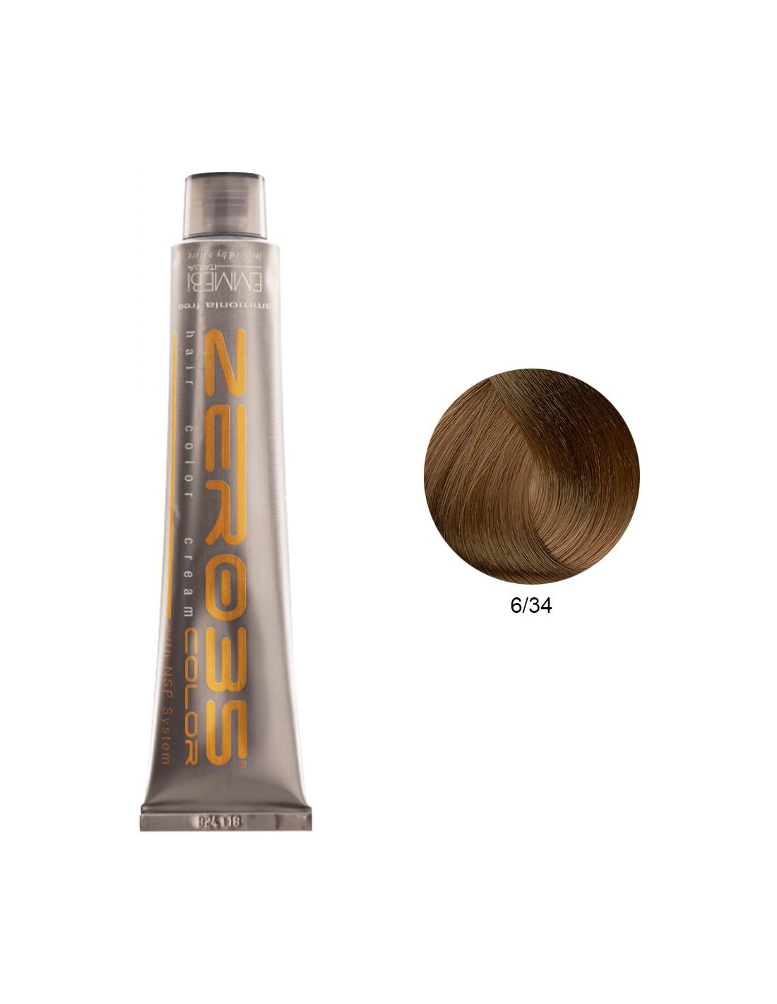 Coloração Sem Amoníaco 100ml - 6/34 Loiro Dourado Cobre Escuro - Zero35 - Emmebi Tubo de tinta de cabelo Neross e amostra de cor castanho claro 6/34