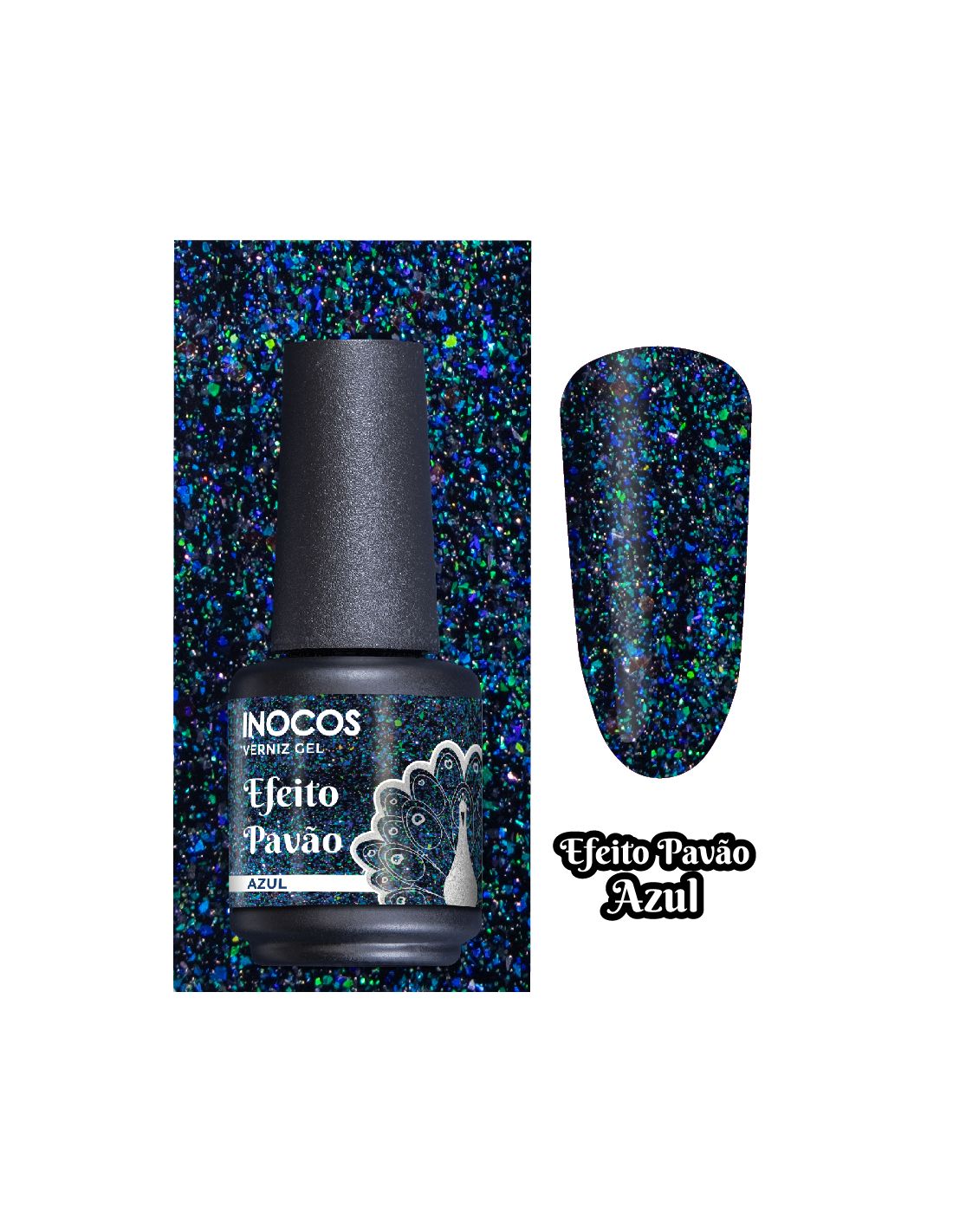INOCOS VERNIZ GEL Azul 15ml - Coleção Efeito Pavão Esmalte de verniz gel INOCOS Efeito Pavão Azul com textura brilhante e amostra do efeito
