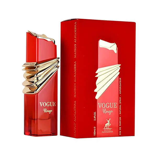 Vogue Rouge Maison Alhambra Feminino 100ml Frasco e caixa de perfume vermelho Vogue Rouge com detalhes dourados