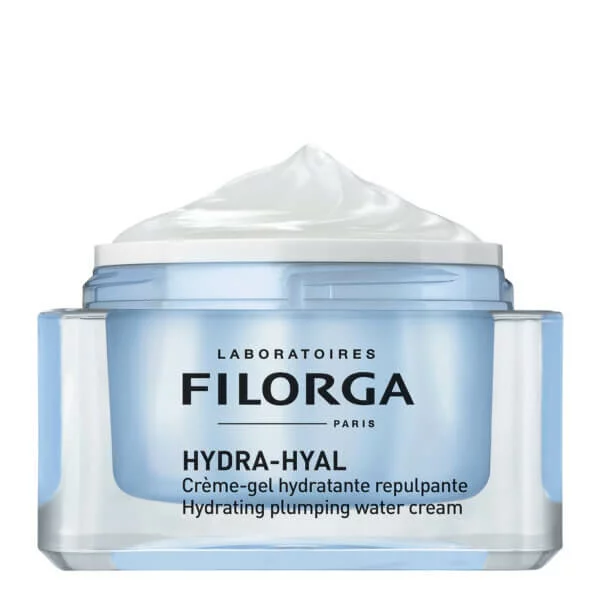 Filorga Hydrahyal Hydrating Plumping Water Cream 50ml Frasco de creme-gel hidratante repulpante azul claro e transparente com creme branco no topo