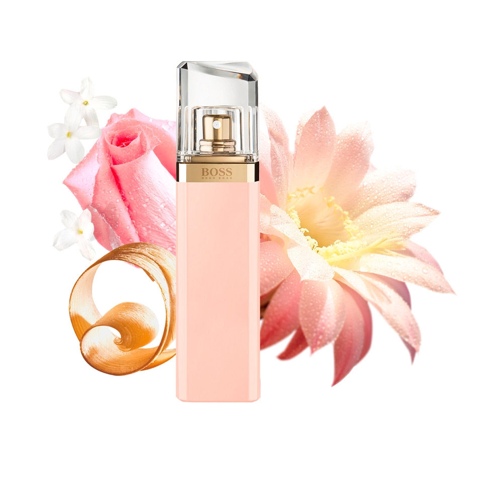 HUGO BOSS Ma Vie For Her Eau de Parfum 50ml Frasco de perfume rosa BOSS com tampa transparente e flores de fundo