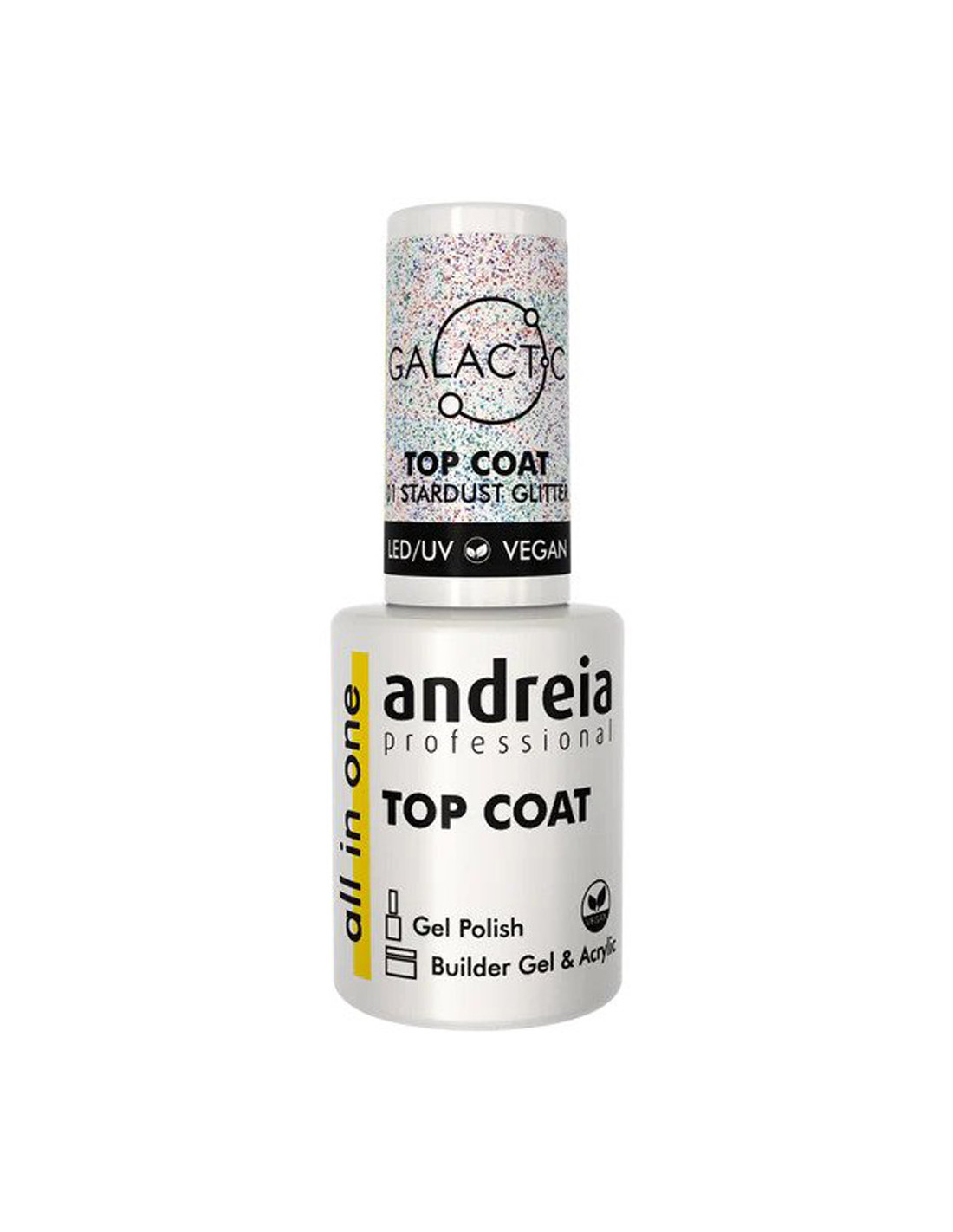 Top Coat All in One Galatic 01 Andreia Profissional Stardust Glitter 10.5ml Frasco branco de verniz gel top coat da andreia professional com rótulo colorido GALACTIC
