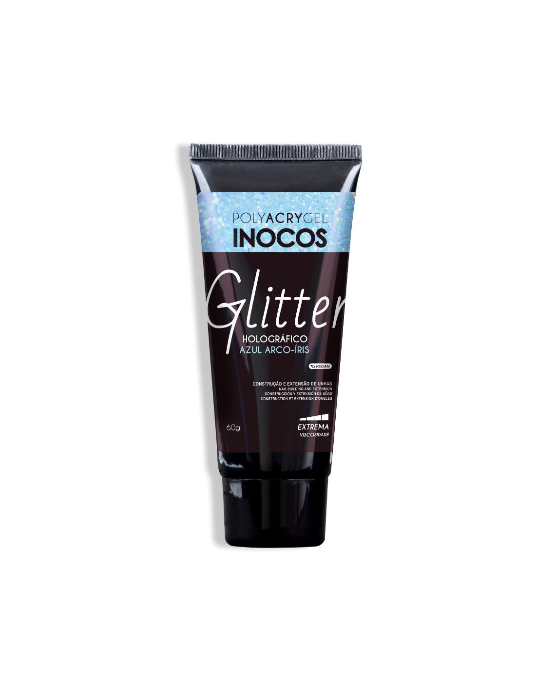 Polyacrygel Holo Azul Arco-íris Bisnaga 60g - Inocos Tubo de gel poliacrílico Inocos Glitter azul holográfico
