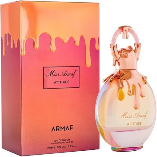 Perfume Mulher Armaf Attitude Edp 100 Ml Frasco e caixa de perfume Miss Armaf Attitude em tons de laranja, rosa e dourado