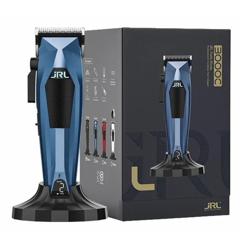 JRL 3000 - CLIPPER AZUL LAMINA FADE Máquina de cortar cabelo azul e preto JRL 3000C com base de carregamento e caixa