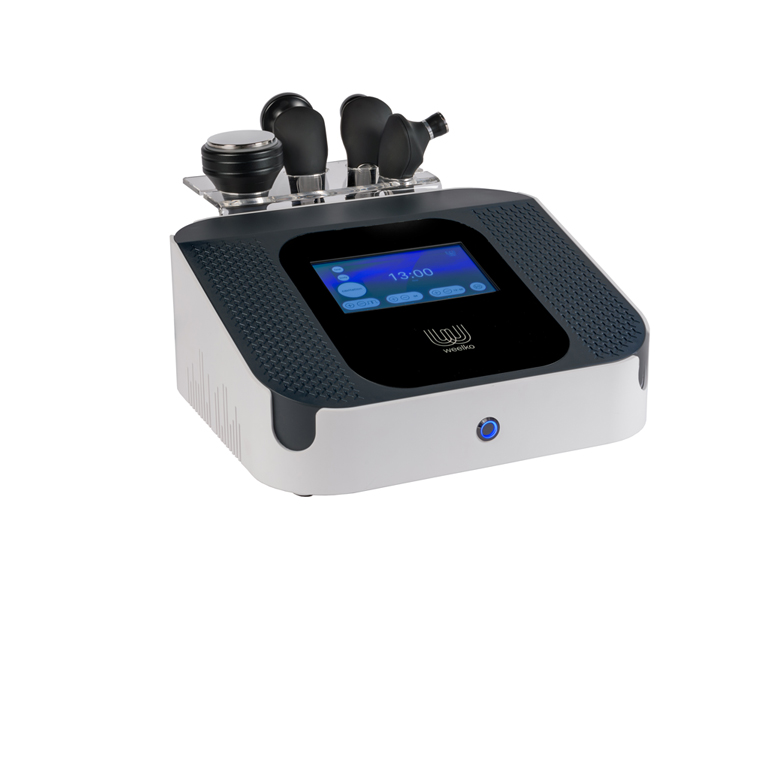 Weelko Equipamento de Cavitação e Radiofrequência Dispositivo tecnológico cinza e preto com ecrã azul e cinco peças pretas na parte superior