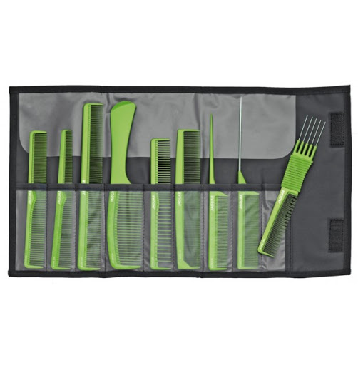Jaguar Estojo 9 Pentes A-Line Verde Conjunto de pentes verdes organizados em bolsa preta aberta