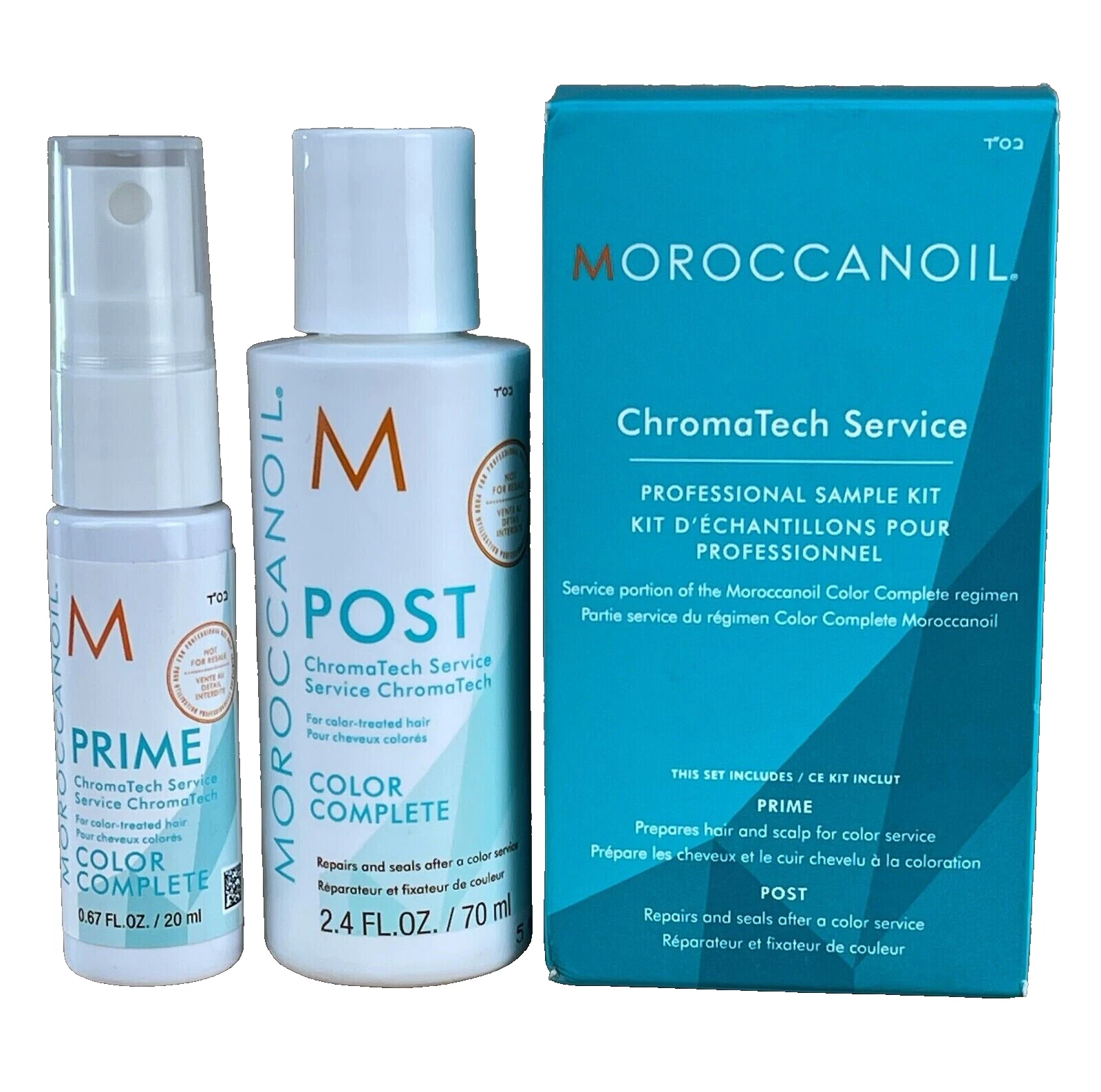 Moroccanoil Chromatech Service Professional Two-Piece Sample Kit Kit Moroccanoil ChromaTech Service com duas garrafas e embalagem azul