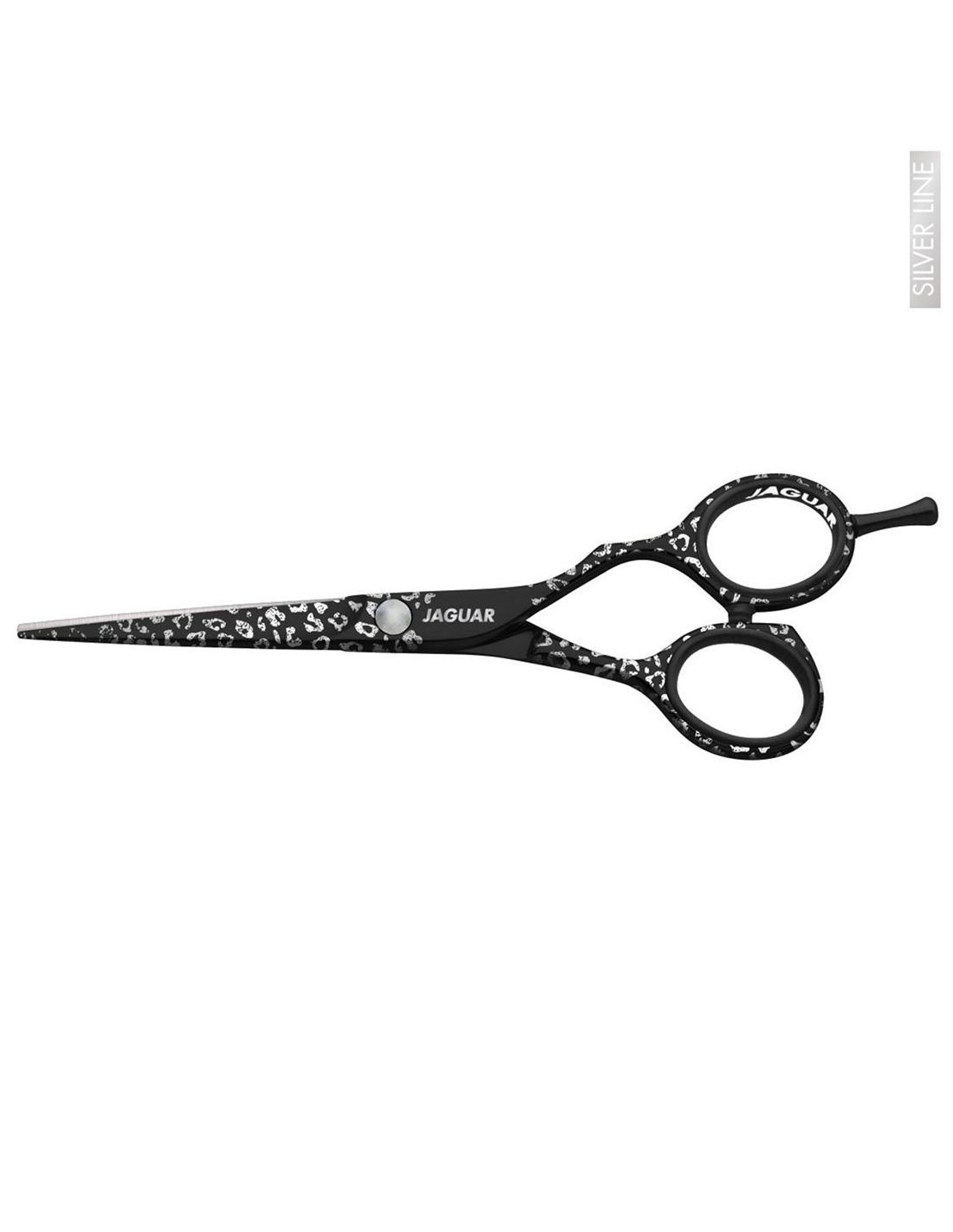 Jaguar Tesoura Wild Temptation - Silver Line Tesoura para cabelo preta com padrão branco e texto JAGUAR em fundo branco