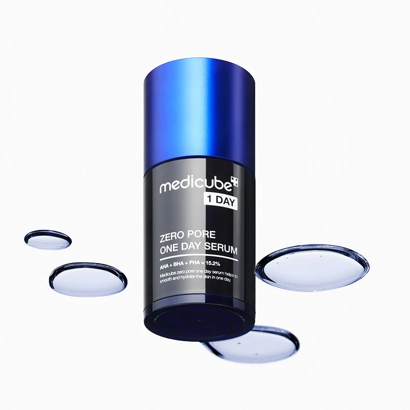 Medicube Zero Pore One Day Sérum 30ml Frasco de sérum preto e azul medicube com gotas transparentes