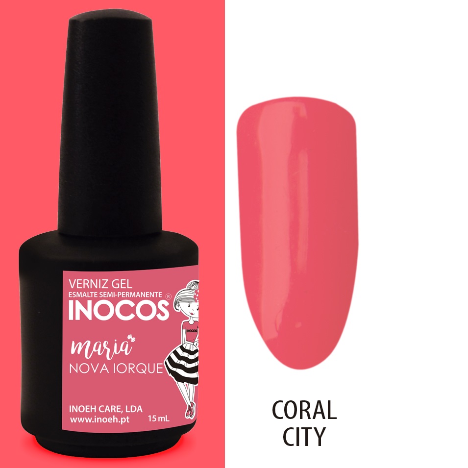 INOCOS VERNIZ GEL MARIA NOVA IORQUE 15ML Frasco de verniz gel INOCOS Maria Nova Iorque cor Coral City com amostra da cor