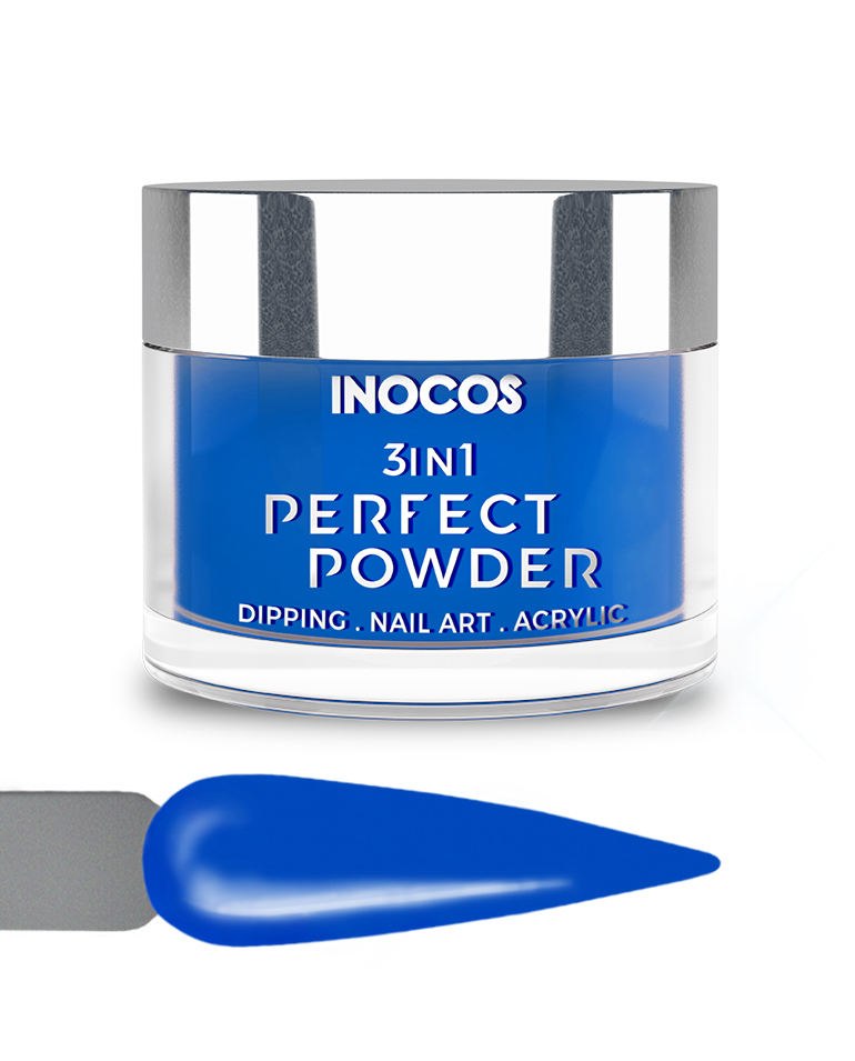 INOCOS PERFECT POWDER 3 EM 1 P53 Azul Marinheiro 20GR Frasco de pó azul para unhas com tampa prateada e texto INOCOS 3 IN 1 PERFECT POWDER
