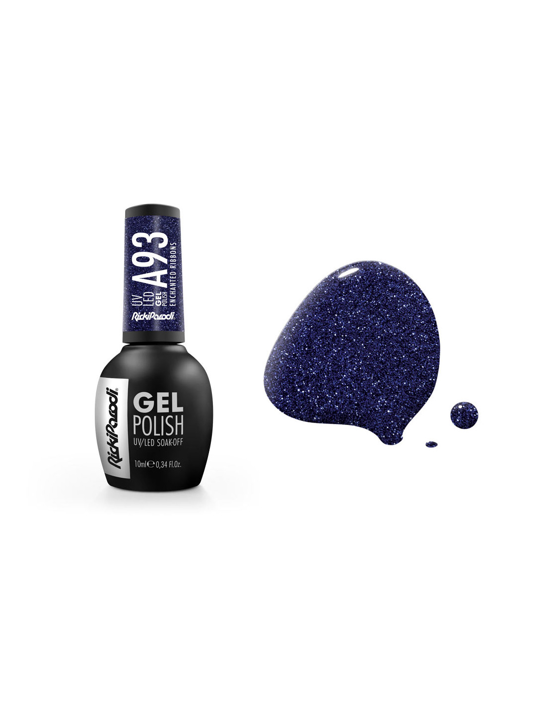 Verniz Gel A93 Ricki Parodi Enchanted Ribbons 10.5ml frasco de verniz gel preto e amostra azul glitter