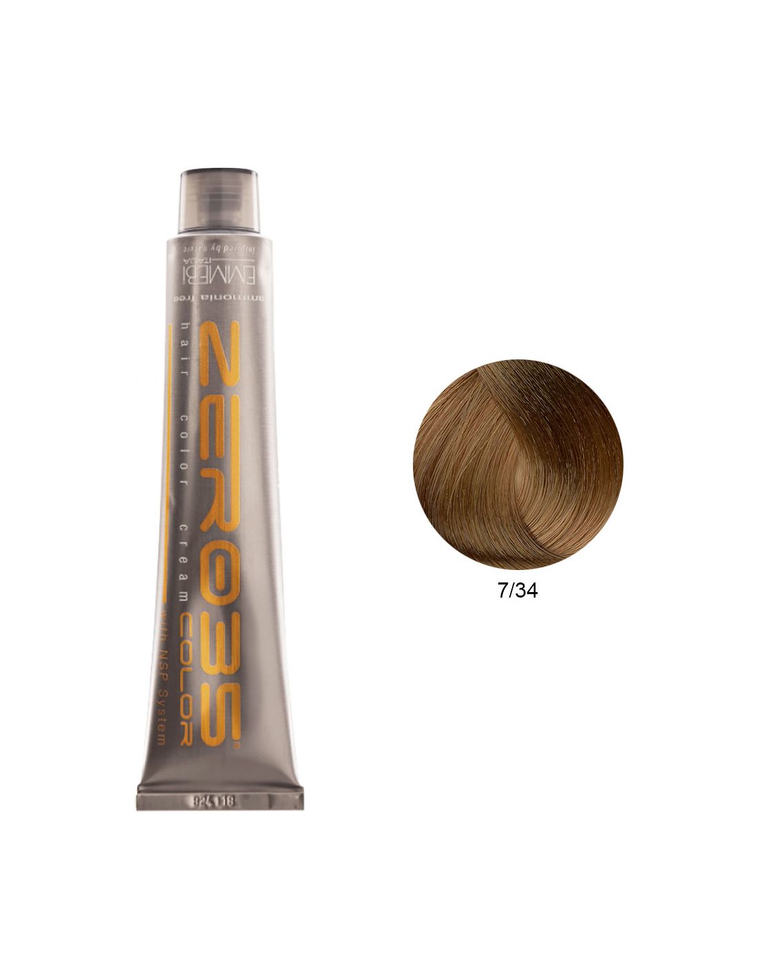 Coloração Sem Amoníaco 100ml - 7/34 Loiro Cobre Dourado - Zero35 - Emmebi Tubo de tinta para cabelo prata com texto amarelo e círculo de cor castanha
