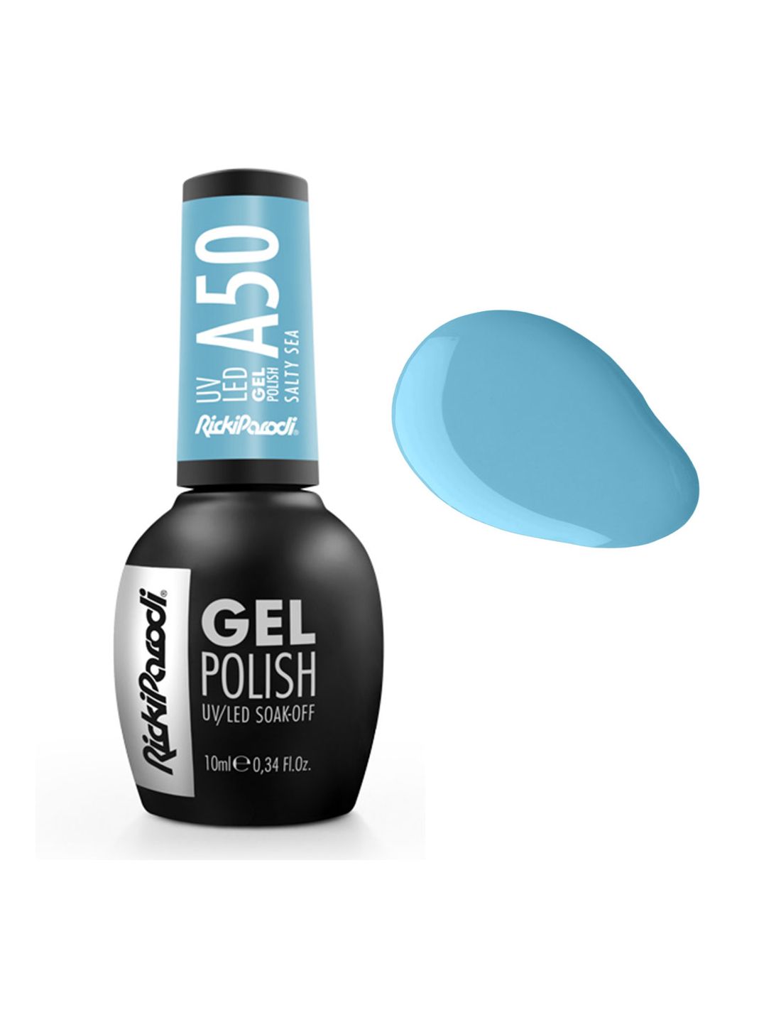 Verniz Gel A50 Salty Sea - Water Collection - Ricki Parodi Esmalte gel UV/LED azul claro Rickiparodi A50 SALTY SEA com frasco preto