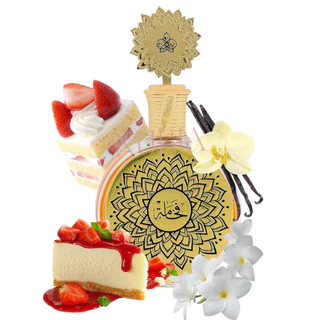 Fakhama MAISON ASRAR 100ml Frasco de perfume dourado com texto árabe rodeado por bolos e flores