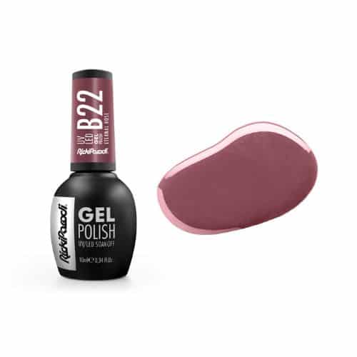 Verniz Gel RickiParodi Eternal Rose B22 10 ml Frasco de verniz gel rosa antigo B22 da marca RichPeach com amostra de cor