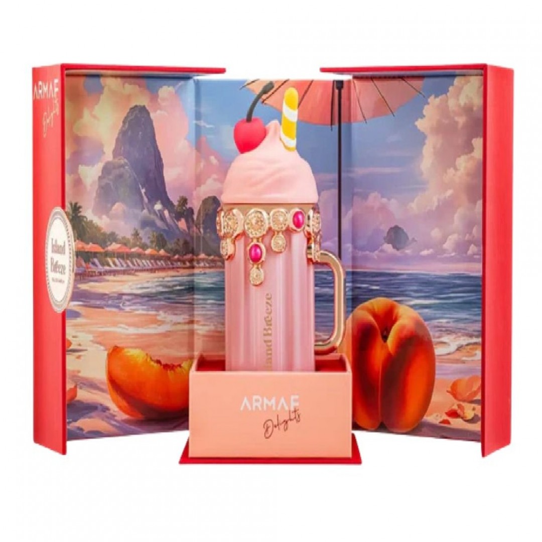 Armaf Delights Island Breeze 100ml EDP Frasco de perfume em forma de milkshake rosa com decoração e embalagem vermelha com cenário de praia