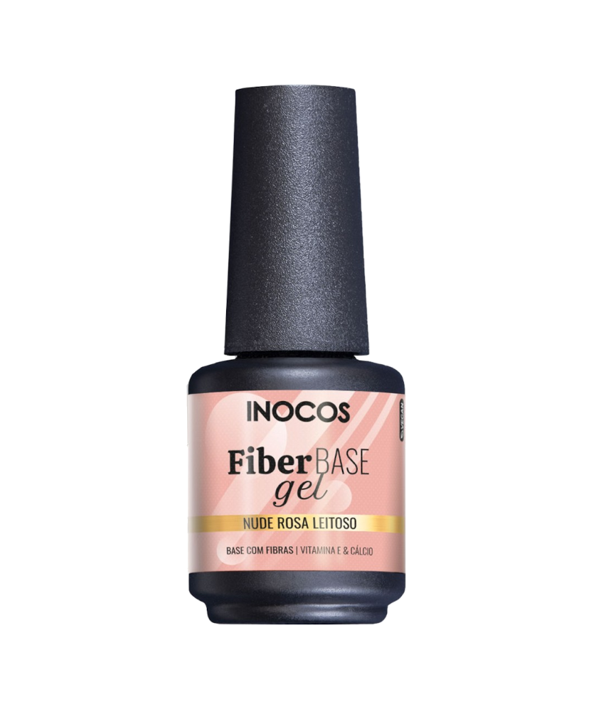 Inocos Verniz Gel Fiber Base Cover Nude Rosa Leitoso Natura Lovers Chocolate Edition 15ml Frasco de gel INOCOS Fiber Base nude rosa leitosa com tampa preta.