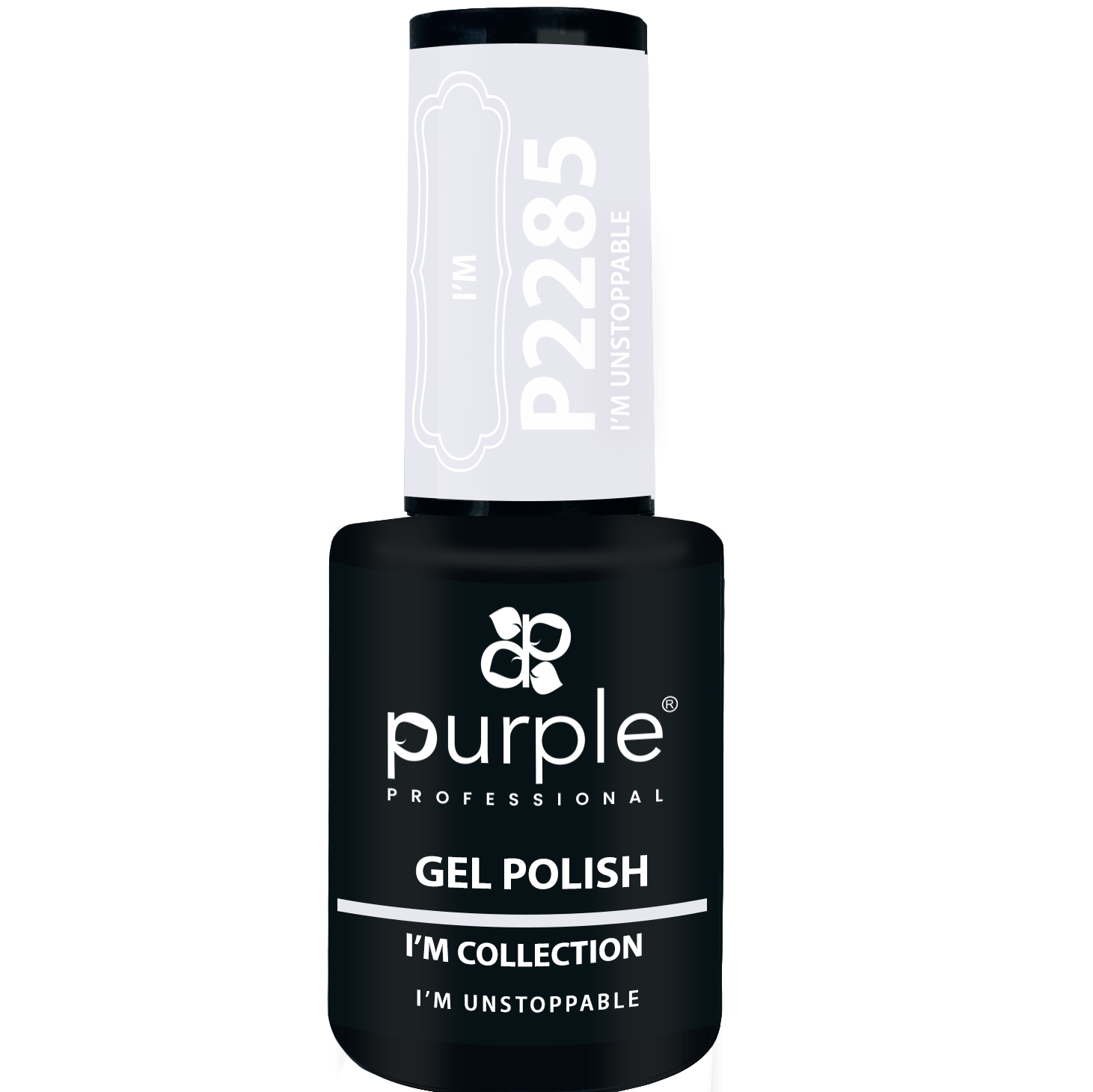 Purple Verniz Gel P2285 GEL POLISH I´M UNSTOPPABLE 10ml Frasco de verniz gel preto e branco Purple Professional com texto e código visível