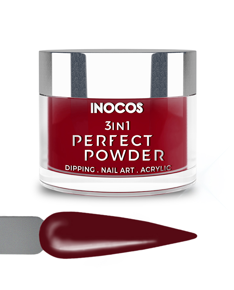INOCOS PERFECT POWDER 3 EM 1 P39 Vermelho Poderoso 20GR Frasco de pó acrílico vermelho escuro INOCOS 3IN1 com aplicação em fundo branco