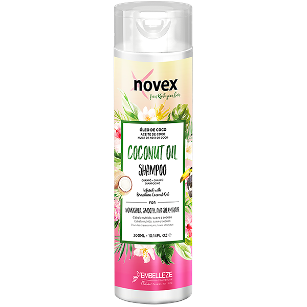 Novex Champô Óleo de Coco 300ml Frasco de champô Novex óleo de coco 300ml com design colorido