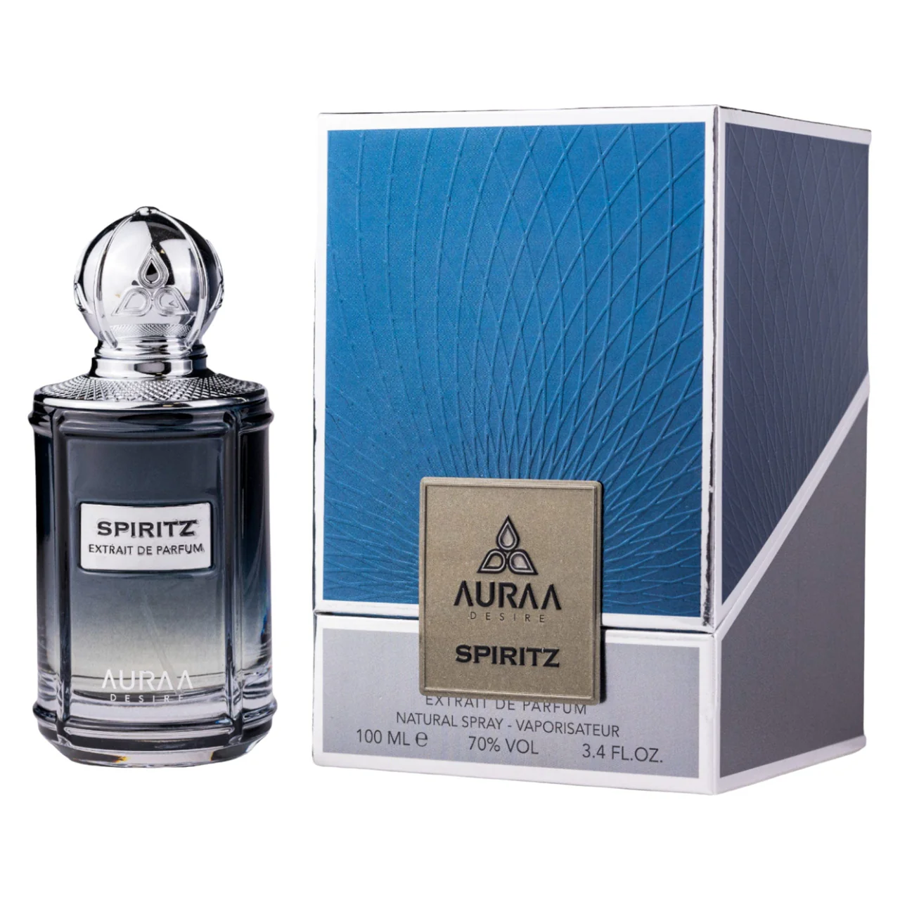 Auraa Desire Spiritz Extrait De Parfum 100ml Frasco e caixa azul e cinza do perfume Spiritz AurAA Desire