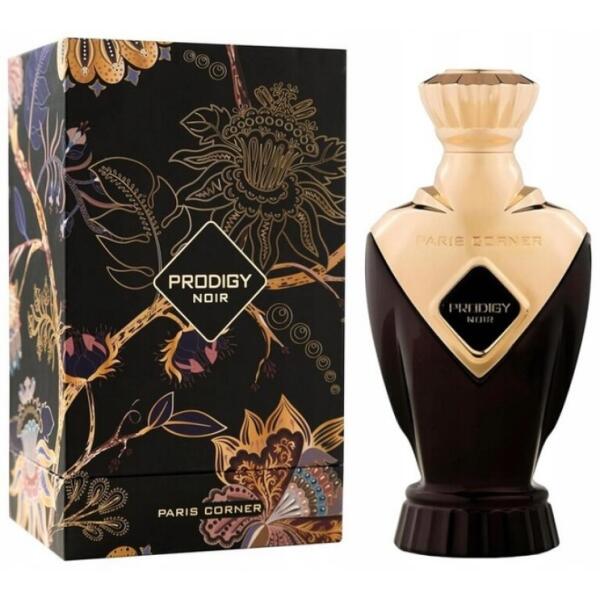 Paris Corner Prodigy Noir Eau de Parfum unissexo 100ml Frasco de perfume Preto e dourado ao lado da caixa preta decorada com flores douradas e lilases